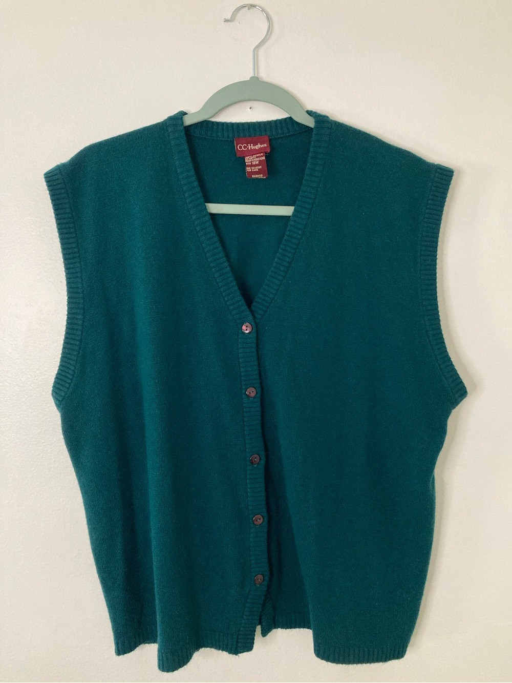 Vintage C.C. Hughes Teal Green Knit Button-Down Sweater Vest Large